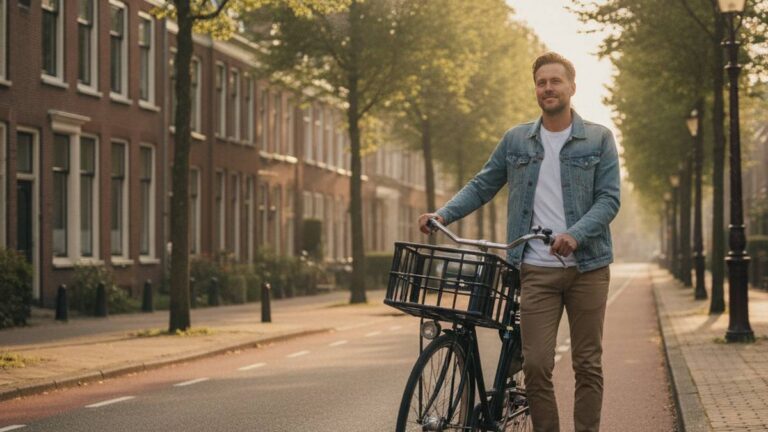 Geruststelde fietser op een Nederlandse straat, beeld bij aansprakelijkheid fietser verkeersongeval