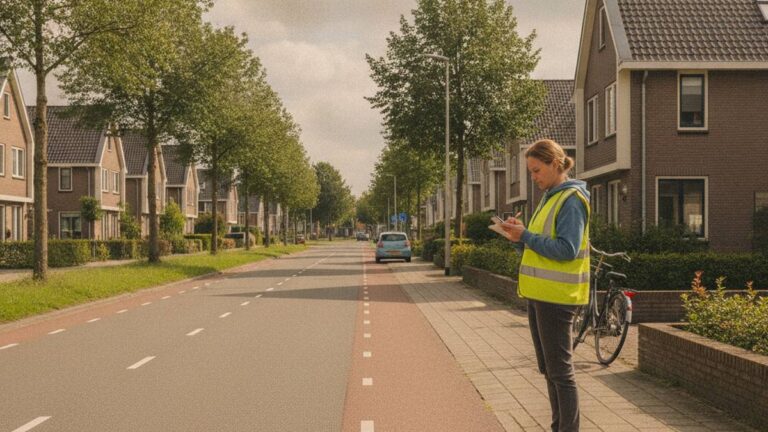 Bestuurder met veiligheidshesje die na een aanrijding gehad rustig gegevens noteert langs de weg
