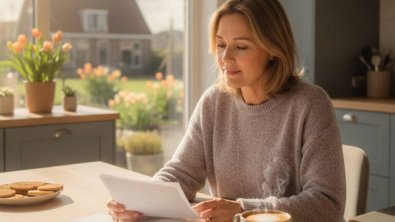 Woman calmly reviewing her papers after being held liable for damages