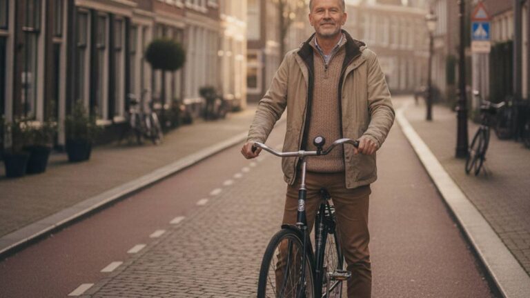 Geruststelde fietser op een Nederlandse straat, beeld bij aansprakelijkheid verkeersongeval