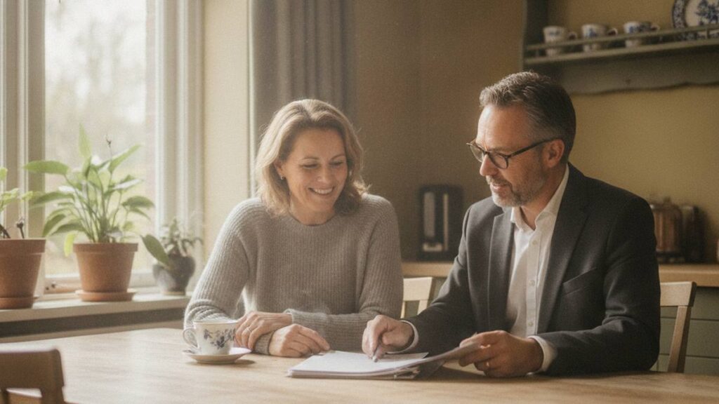 Vrouw bespreekt de afhandeling schade na aanrijding rustig met een letselschade-expert