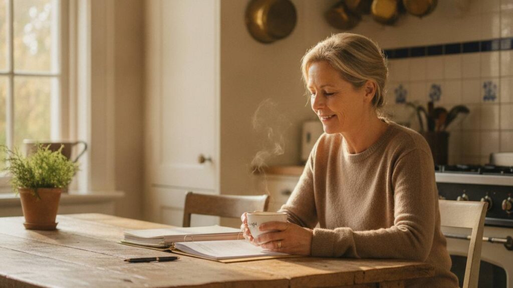 Rustig herstellend slachtoffer bekijkt papieren thuis tijdens de duur van een letselschadezaak