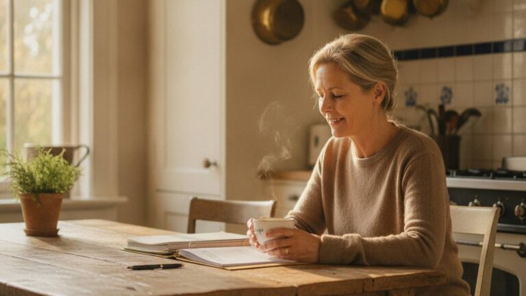 Rustig herstellend slachtoffer bekijkt papieren thuis tijdens de duur van een letselschadezaak