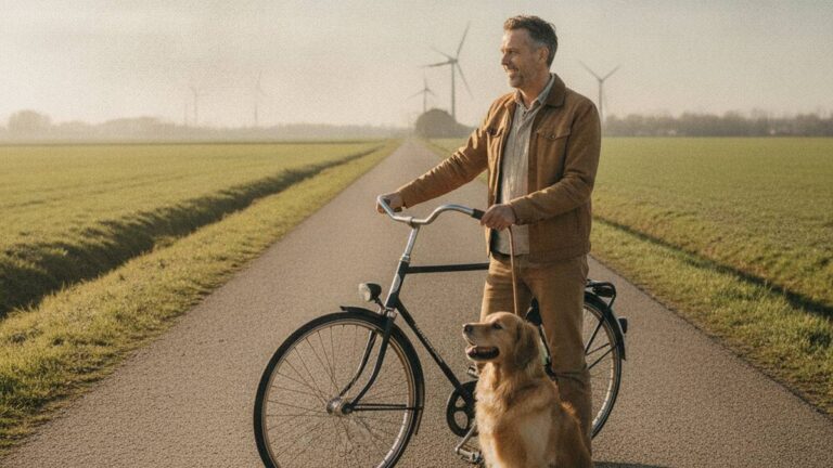 Einen Hund vor einem Unfall bewahren: Ruhiger Radfahrer mit angeleintem Hund auf einer sonnigen Straße
