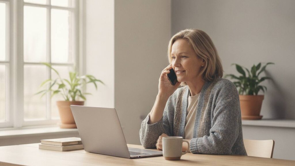 Vrouw zoekt informatie over juridisch loket letselschade aan haar keukentafel