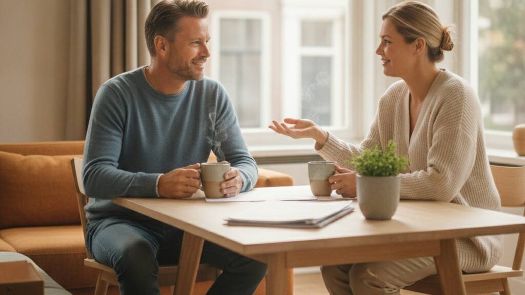 Vrouw geeft een man gratis letselschade advies tijdens een rustig adviesgesprek aan tafel