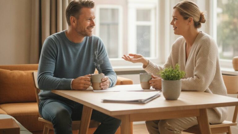 Vrouw geeft een man gratis letselschade advies tijdens een rustig adviesgesprek aan tafel