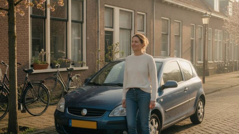 Vrouw staat gerustgesteld bij haar auto na het regelen van haar letselschade auto