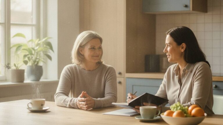 Letselschade expert in een rustig gesprek met een herstelde cliënt aan tafel