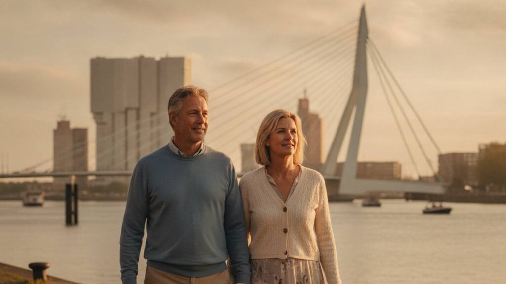 Herstelde mensen wandelen ontspannen langs het water, letselschade Rotterdam goed afgehandeld