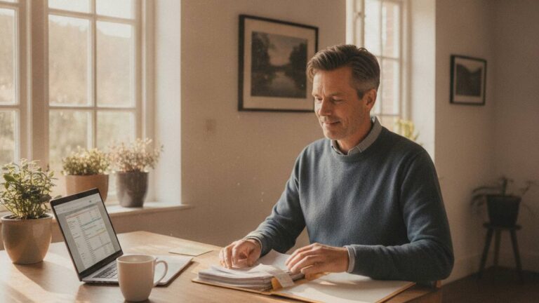 Man calmly inventories his property damage at home with receipts and invoices
