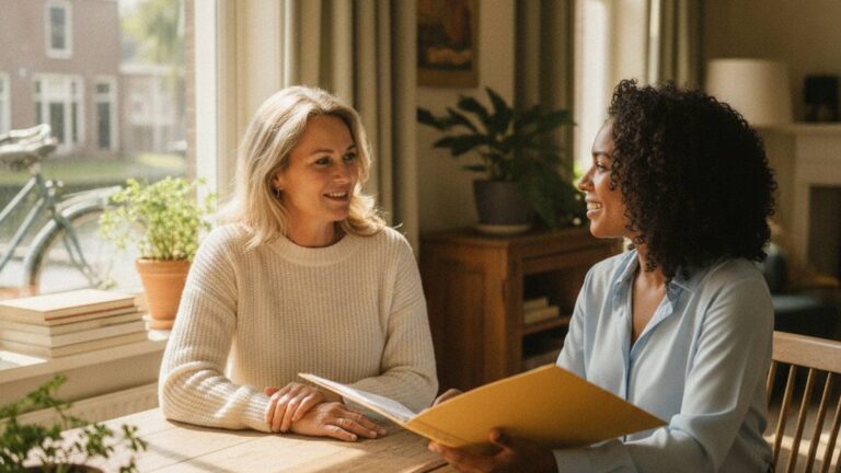 Vrouw bespreekt het medisch advies letselschade rustig met een adviseur aan tafel