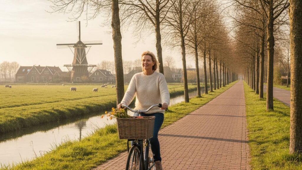 Hersteld slachtoffer fietst rustig na een ongeval van en naar het werk
