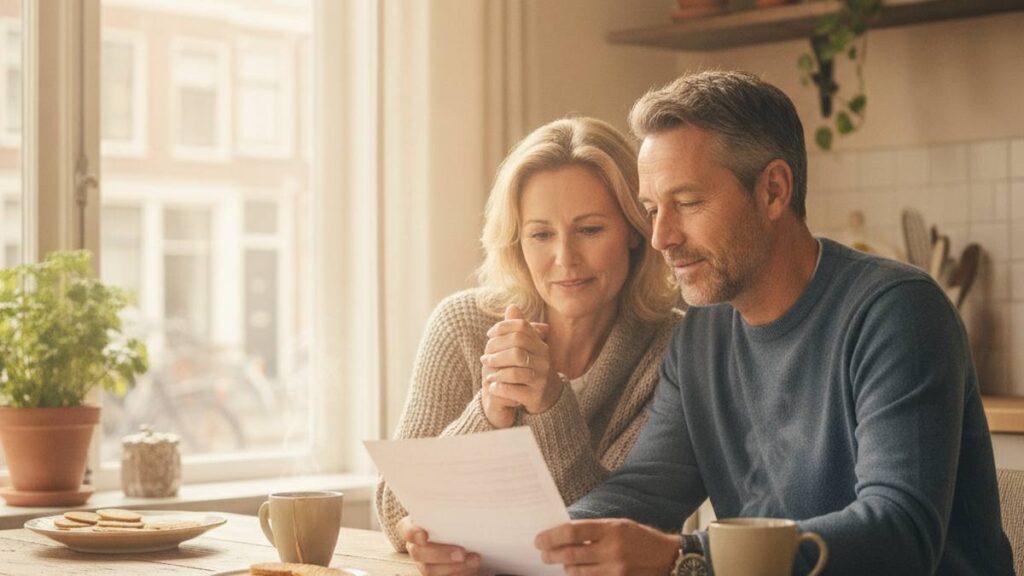 Couple calmly discusses their right to compensation at home