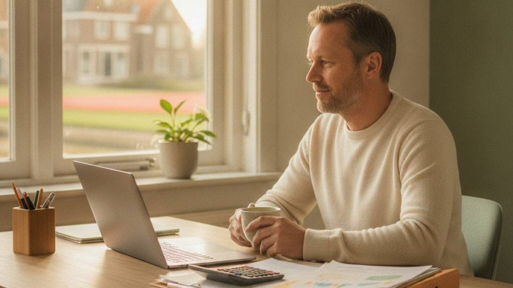 Man die rustig zijn schade berekent met documenten en laptop na letsel