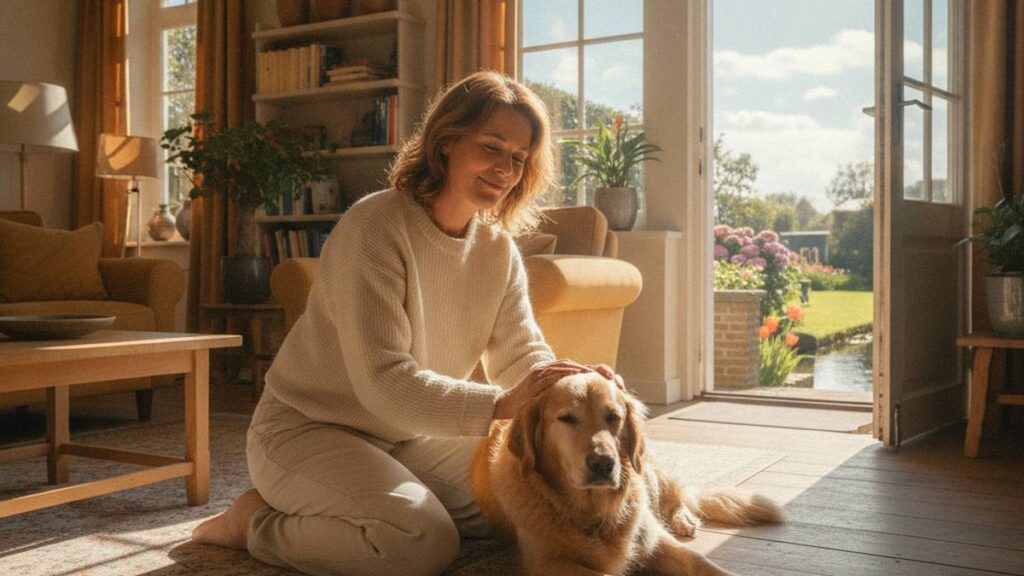 Dommages causés par un chien : une femme caresse calmement un chien amical après sa guérison