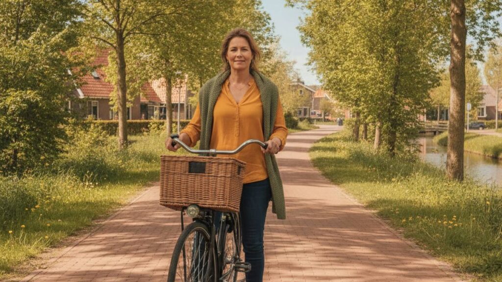 Geruste fietser bij haar fiets na het regelen van schadevergoeding na een aanrijding op de fiets
