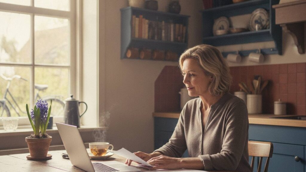 Vrouw die thuis rustig haar schadevergoeding aanvragen voorbereidt aan de keukentafel
