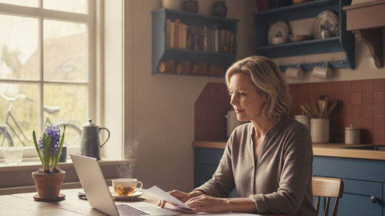 Vrouw die thuis rustig haar schadevergoeding aanvragen voorbereidt aan de keukentafel