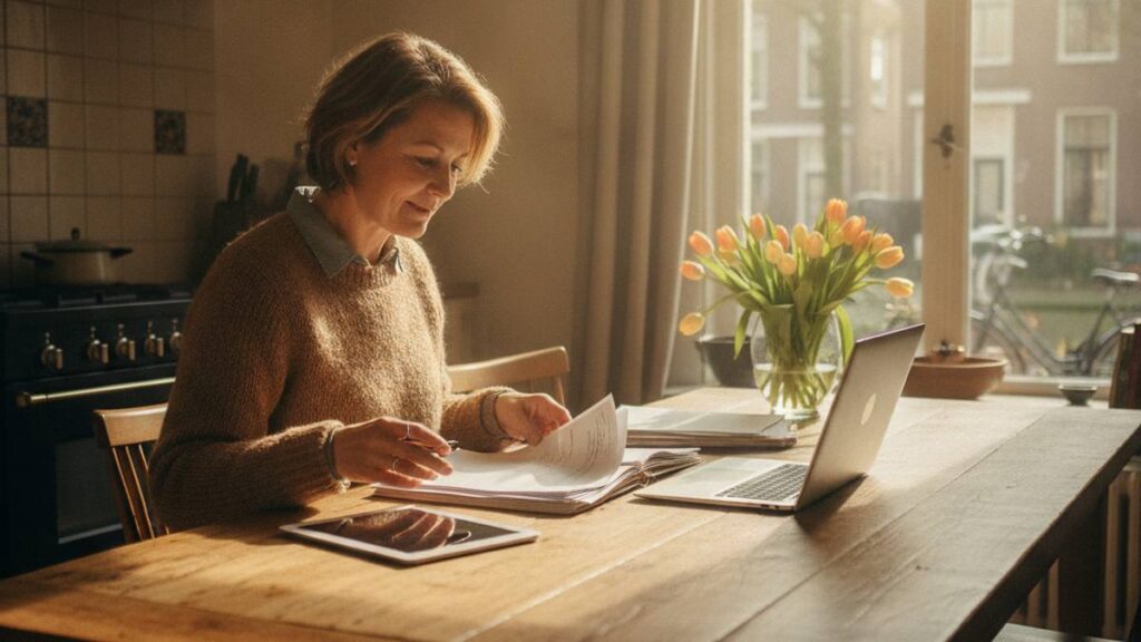 Vrouw ordent rustig haar dossier voor het schadevergoeding claimen na letsel
