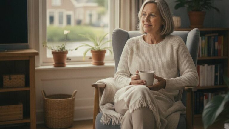 Recovering woman at home, reassured after arranging compensation for pain and suffering in the Netherlands