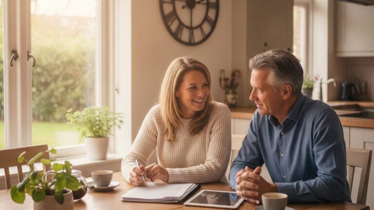 Vrouw bespreekt rustig haar toekomstige schade en financiele planning met een adviseur aan de keukentafel