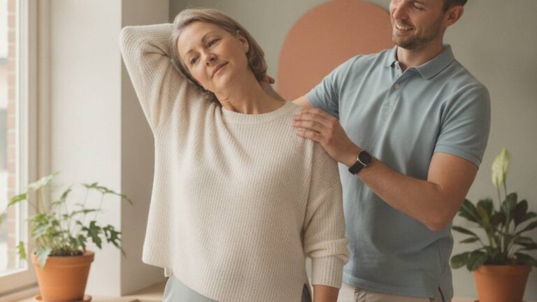 Eine Frau mit Schleudertrauma macht während ihrer Genesung beim Physiotherapeuten sanfte Nackenübungen