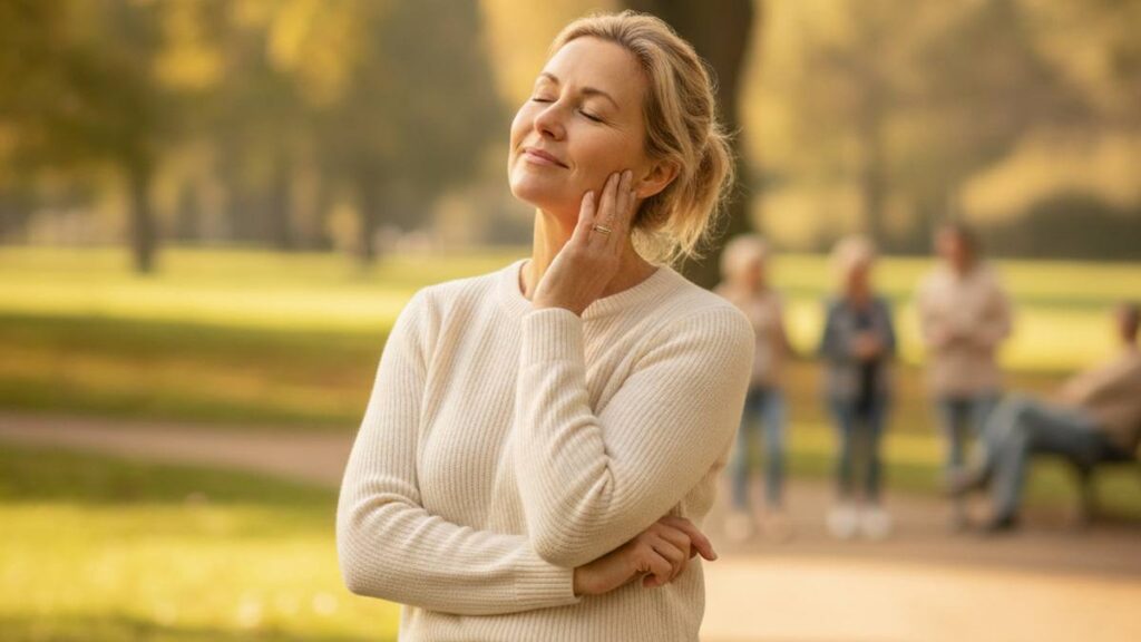 Herstelde vrouw buiten in het zonlicht na aangezichtsletsel