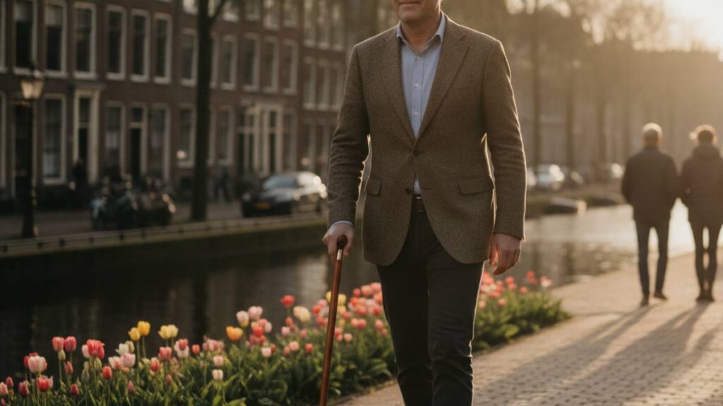 Man hersteld van een bekkenfractuur na bedrijfsongeval wandelt weer buiten