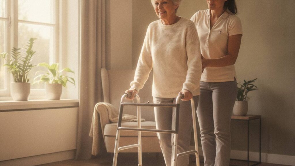 Vrouw oefent tijdens bekkenfractuur herstel het lopen met een looprek en fysiotherapeut thuis