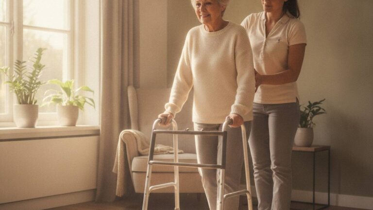 Vrouw oefent tijdens bekkenfractuur herstel het lopen met een looprek en fysiotherapeut thuis