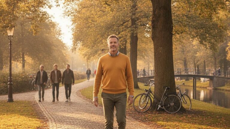 Herstelde man loopt buiten in het zonlicht na bekkenletsel