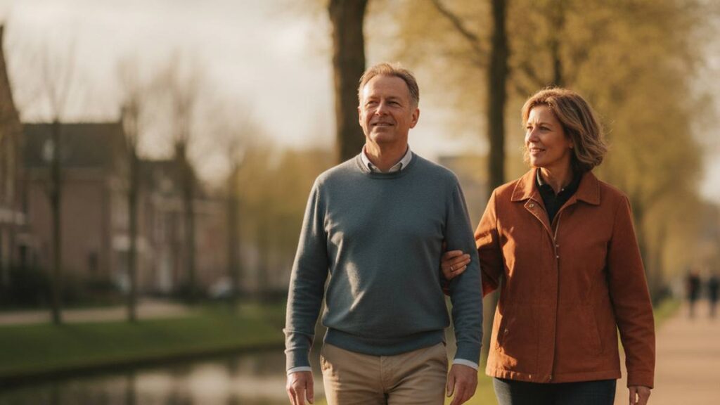 Herstelde man met bekkenletsel en blijvend letsel loopt weer ontspannen buiten met zijn partner