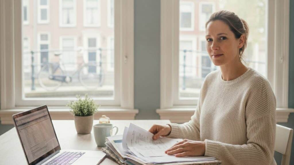 Vrouw ordent documenten en bonnetjes voor het bewijs verzamelen bij letselschade