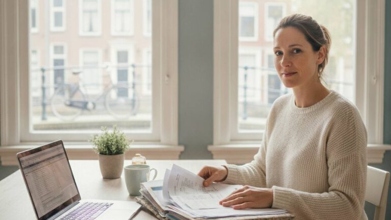 Vrouw ordent documenten en bonnetjes voor het bewijs verzamelen bij letselschade