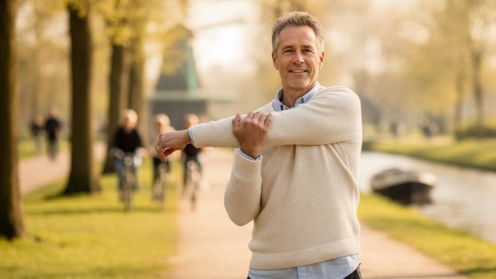 Herstelde man buiten in het zonlicht beweegt zijn arm na bovenarmletsel