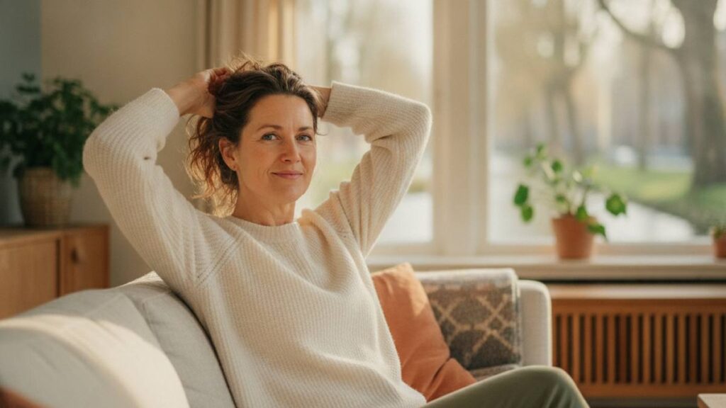 Herstelde vrouw na een bovenarmletsel schadevergoeding traject, ontspannen thuis