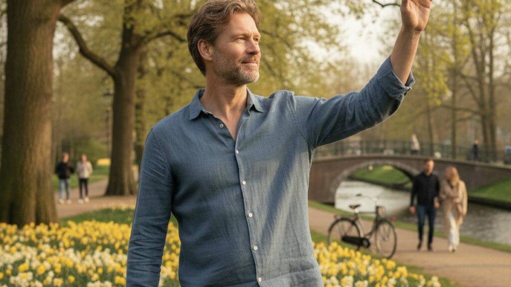 Hersteld slachtoffer met bovenarmletsel en smartengeld beweegt ontspannen zijn arm buiten