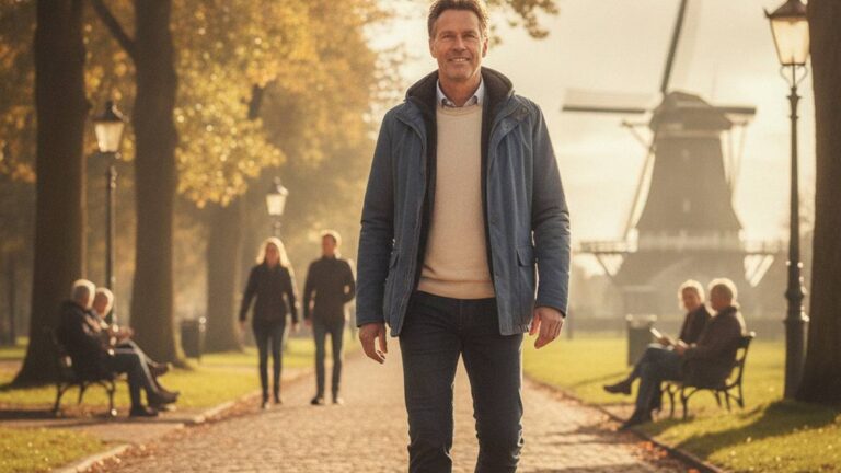Herstelde man wandelt buiten in het zonlicht na bovenbeenletsel