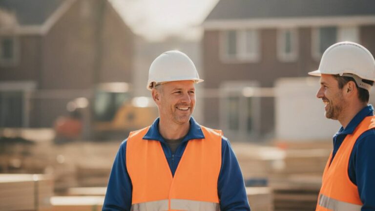 Herstelde bouwvakker met helm op de werkplek na bovenbeenletsel door een bedrijfsongeval