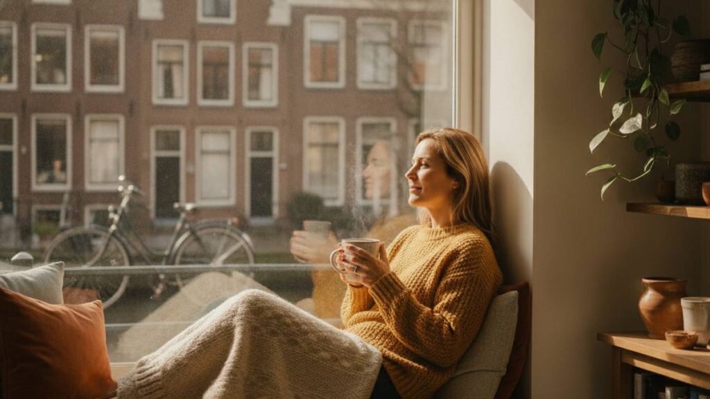 Herstelde vrouw kalm bij het raam na brandwondletsel