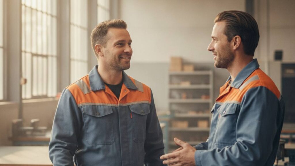 Herstelde werknemer in beschermende kleding op het werk na brandwondletsel door een bedrijfsongeval