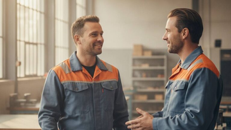 Herstelde werknemer in beschermende kleding op het werk na brandwondletsel door een bedrijfsongeval