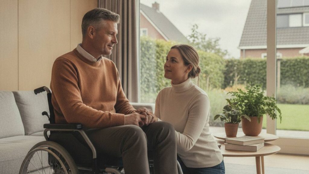 Man in rolstoel praat rustig thuis over smartengeld bij dwarslaesie