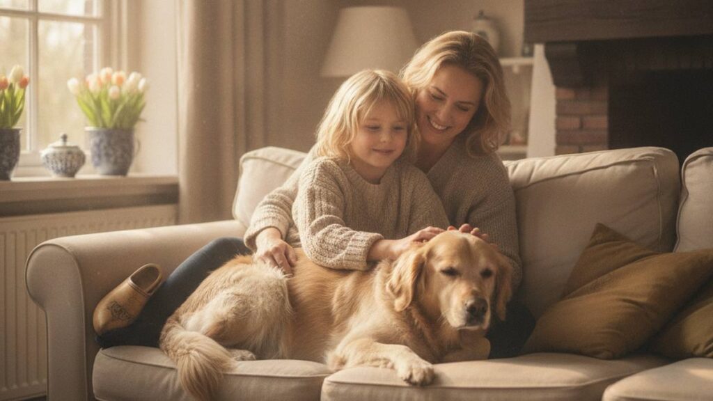 Child and parent relax with a calm dog after recovering from dog bite personal injury