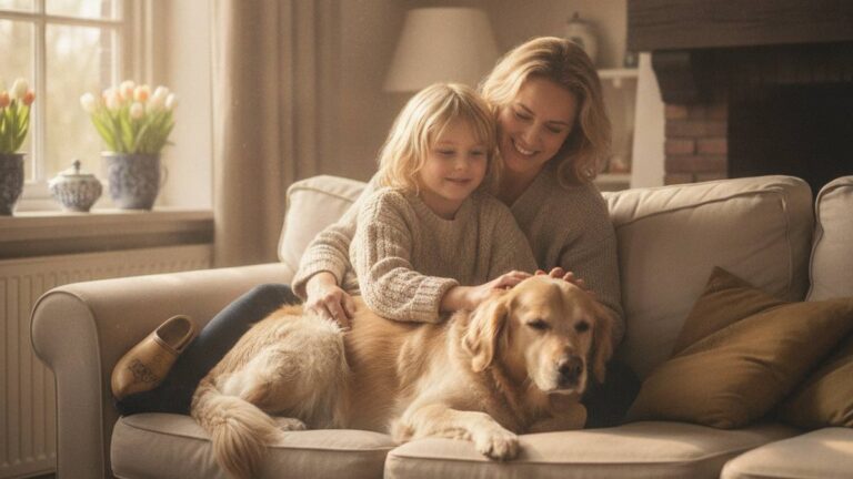 Child and parent relax with a calm dog after recovering from dog bite personal injury