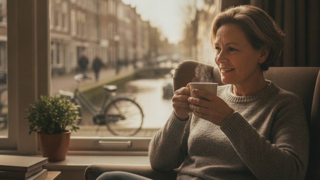 A recovered client of a personal injury lawyer in Alkmaar sits quietly at home by the window