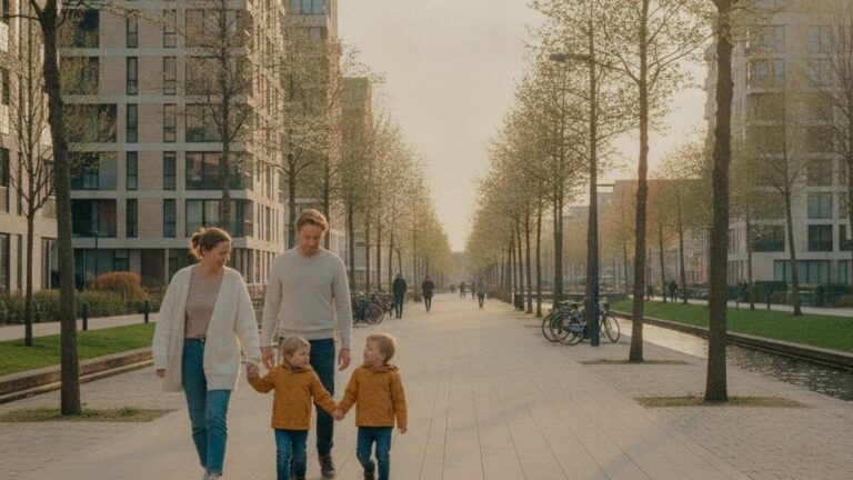 Herstelde mensen wandelen ontspannen door een moderne stadswijk, letselschade advocaat Almere hielp met de zaak