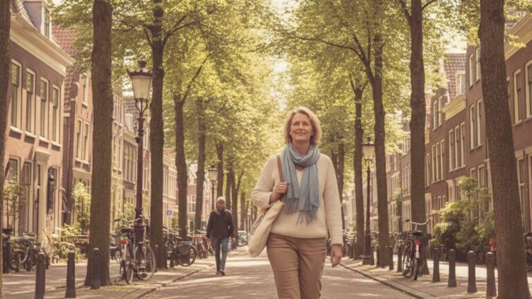 Herstelde vrouw wandelt ontspannen door de stad na hulp van een letselschade advocaat Arnhem