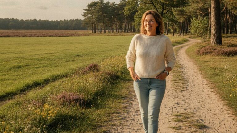 Herstelde vrouw wandelt ontspannen buiten, geholpen door een letselschade advocaat in Ede